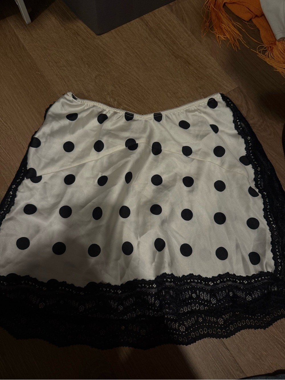 Free People White Satin Polka Dot Mini Skirt with Black Lace